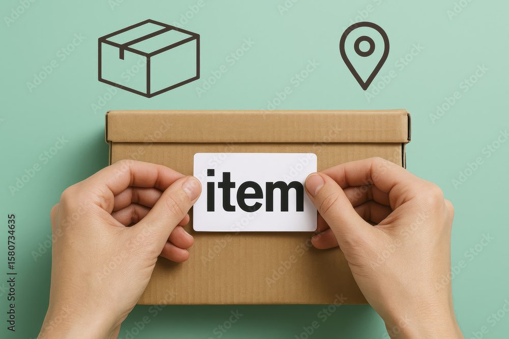 Poster a person applies a label on a package to organize items efficiently emphasizing location tracking in