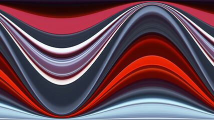 A digital geometric artwork featuring a flowing striped wave pattern in red, grey, and white, with clean curves and layered shapes creating a sense of movement and abstract elegance.