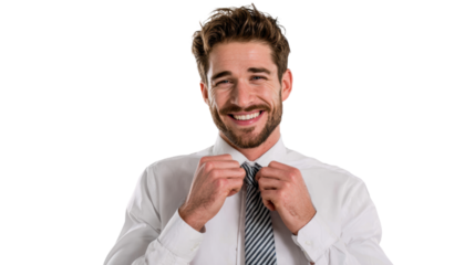 Smiling man adjusting his tie, dressed in a white shirt, ready for work with confidence and style.