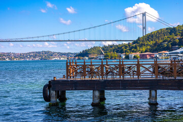 Empty Wooden Pier Overlooking Bosphorus Bridge – Istanbul Morning Scene