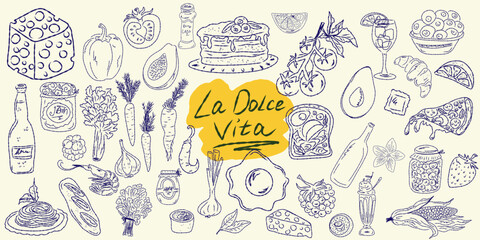 Set of hand drawn summer food icons. Mediterranean la dolce vita. Sketchy whimsical style