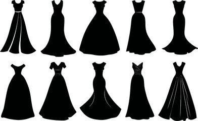 Ten elegant black dress silhouettes displayed on a white background showcase formal and casual fashion styles, perfect for design elements.