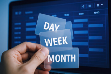 A selecting options on a translucent interface symbolizes the organization and planning schedules within a digital management system