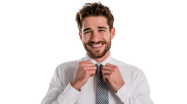 Smiling man adjusting his tie, dressed in a white shirt, ready for work with confidence and style.