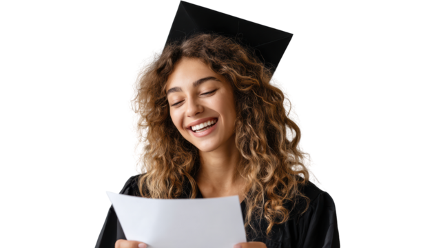 Smiling graduate holding diploma, celebrating achievement in cap and gown, joyful academic moment.