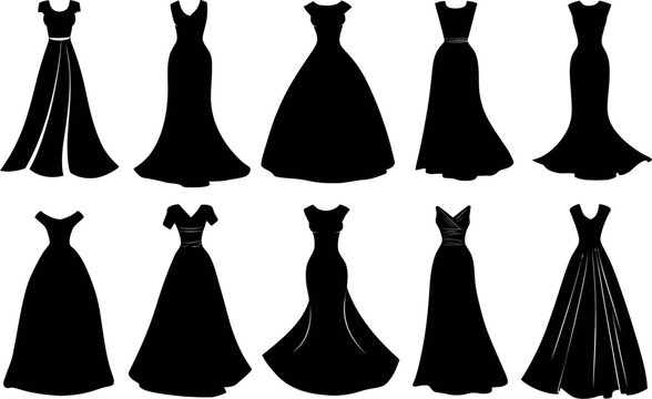 Ten elegant black dress silhouettes displayed on a white background showcase formal and casual fashion styles, perfect for design elements.