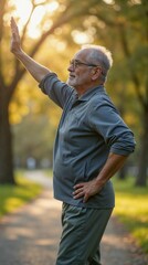 A senior man stretching his arm while exercising in a park at sunset
