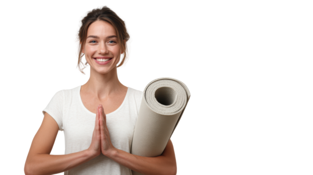 Smiling woman holding yoga mat, ready for practice, isolated on white background.