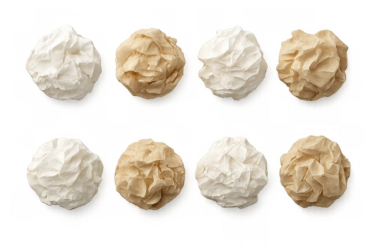Eight crumpled paper balls in white and brown shades arranged in two rows, displayed against a transparent background for design purposes