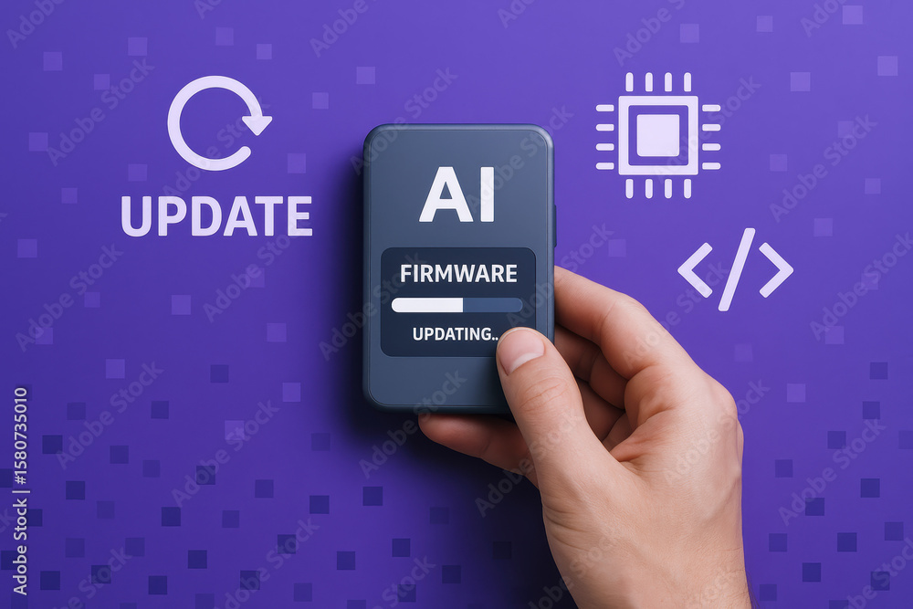 Poster a demonstrates the process updating ai firmware on a device highlighting progress in technology and 