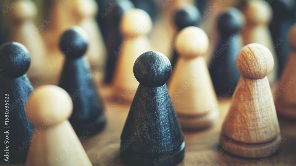 Poster diverse wooden game pieces arranged on a wooden surface representing unity, strategy, and competitio