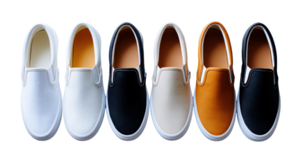 Stylish slip-on shoes in various colors arranged in a row on a white background.