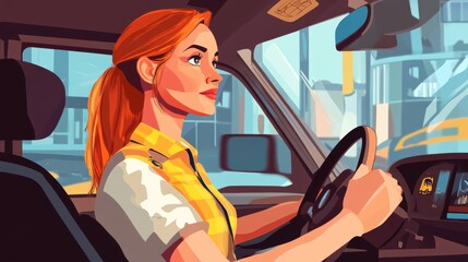 Confident redhead driving, navigating city streets with focused determination