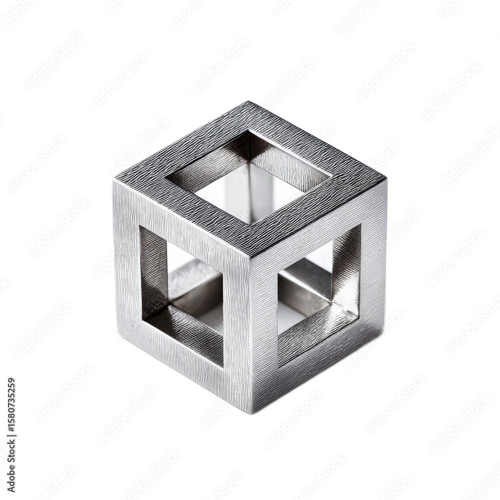 Poster metallic geometric cube with hollow square openings showcasing modern design and creative angles for