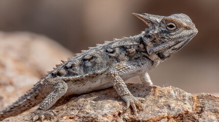 Naklejka premium Horned Lizard Resting on Desert Rock During the Golden Hour With Sharp Textures Highlighted in the Sunlight