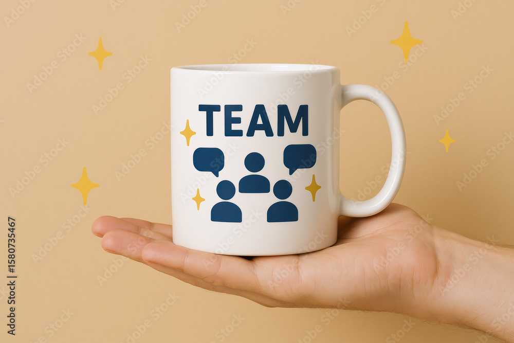 Poster a offers a mug symbolizing collaboration and communication within a team highlighting and shared eff