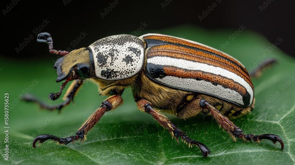 Poster goliath beetle rests on a green leaf showcasing intricate patterns and textures in close detail agai