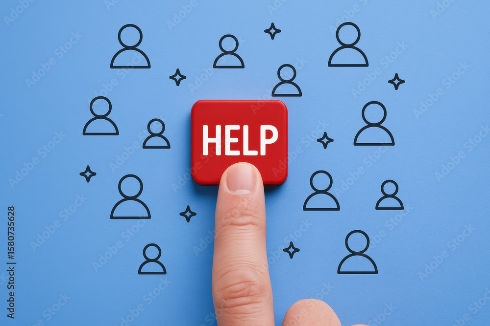 Aufkleber a pressing a help button symbolizes support and assistance within a connected network people and ide