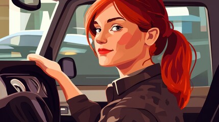 Illustration of a young woman driving a car with red hair in ponytail