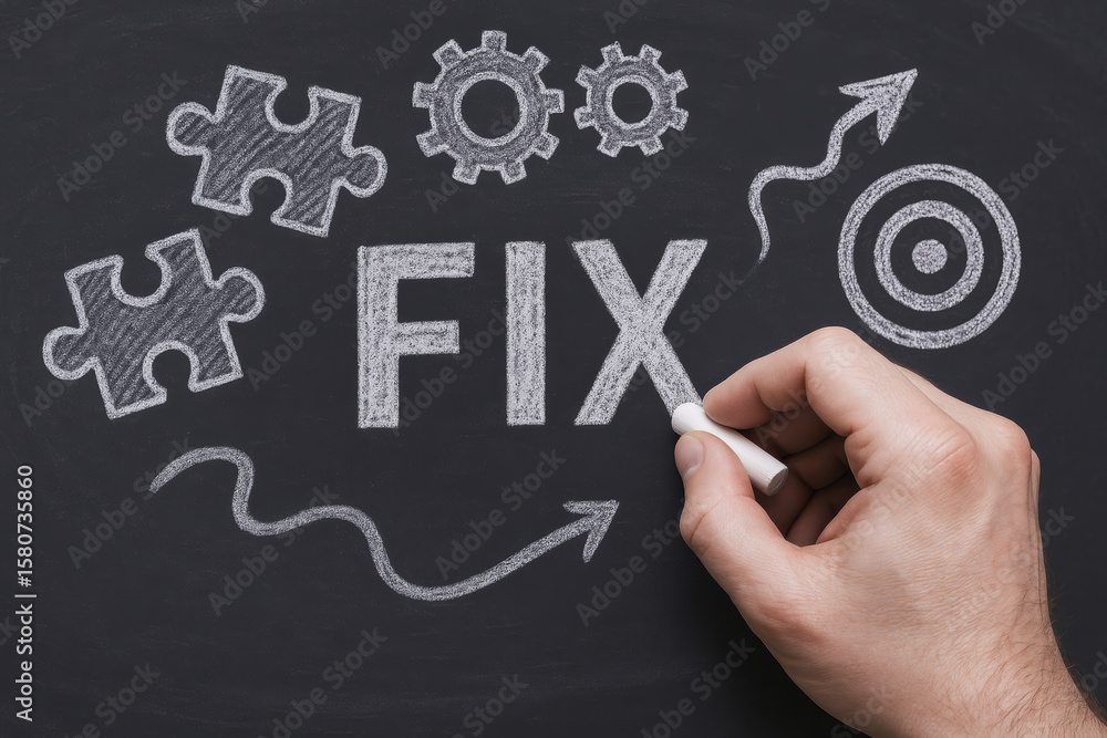 Poster a chalks the word fix on a chalkboard surrounded by gears puzzle pieces and arrows symbolizing probl