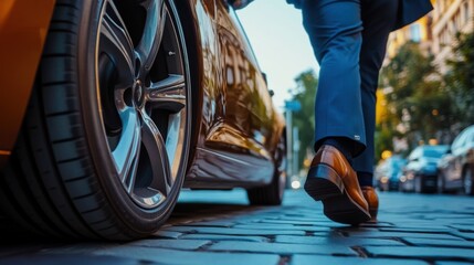 Stylish entrance: A confident man approaching an upscale car on a cobblestone street