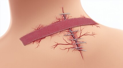 Medical procedure illustration showing proper silicone scar tape placement on various surgical incision sites, surgical reference guide style
