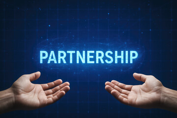 Obraz premium Two hands reaching out symbolically project a glowing connection over a digital grid representing collaboration in a futuristic business environment