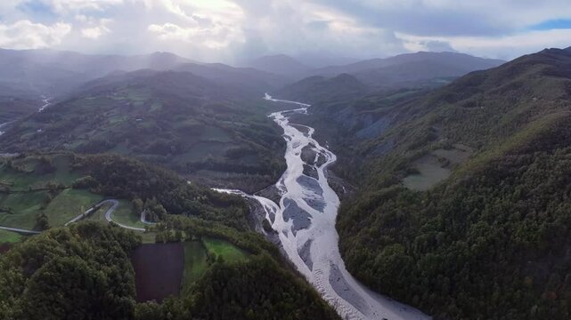 A panoramic aerial view of the Enza River near the village of Vetto d'Enza. Reggio Emilia, Emilia Romagna, Italy