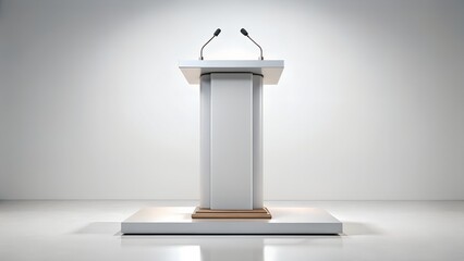 Modern white podium with two microphones ready for a presentation or speech