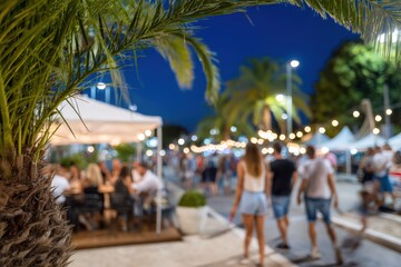 Vibrant evening at outdoor food festival with festive lights and palm trees