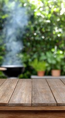 Rustic outdoor scene with wooden table and smoke from grill, ideal for summer barbecue design