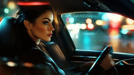 Elegant woman driving at night with city lights and rain on the window