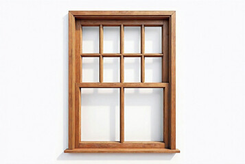 Classic wooden window frame with glass panes, isolated on plain white background,