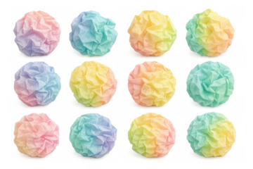 Pastel-colored tissue paper balls gridded symmetrically, displaying soft texture and delicate hues against translucent backdrop