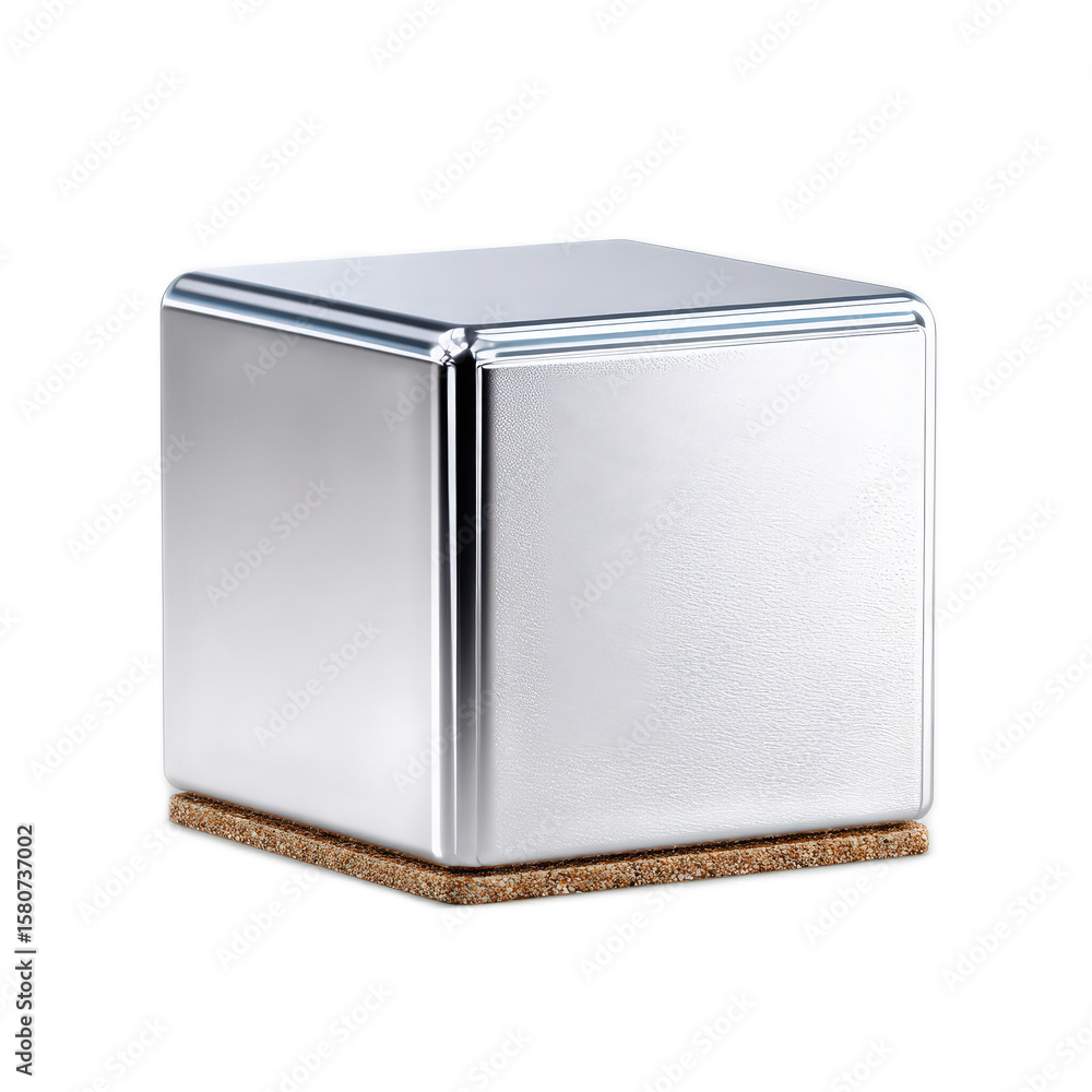 Poster reflective metallic cube with a textured finish and a cork base on a white background for design and
