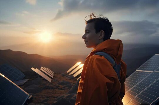 solar panels and technician in nature. renewable and sustainable energy