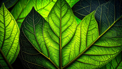 Close-up of vibrant green leaves showcasing intricate veins and textures.
