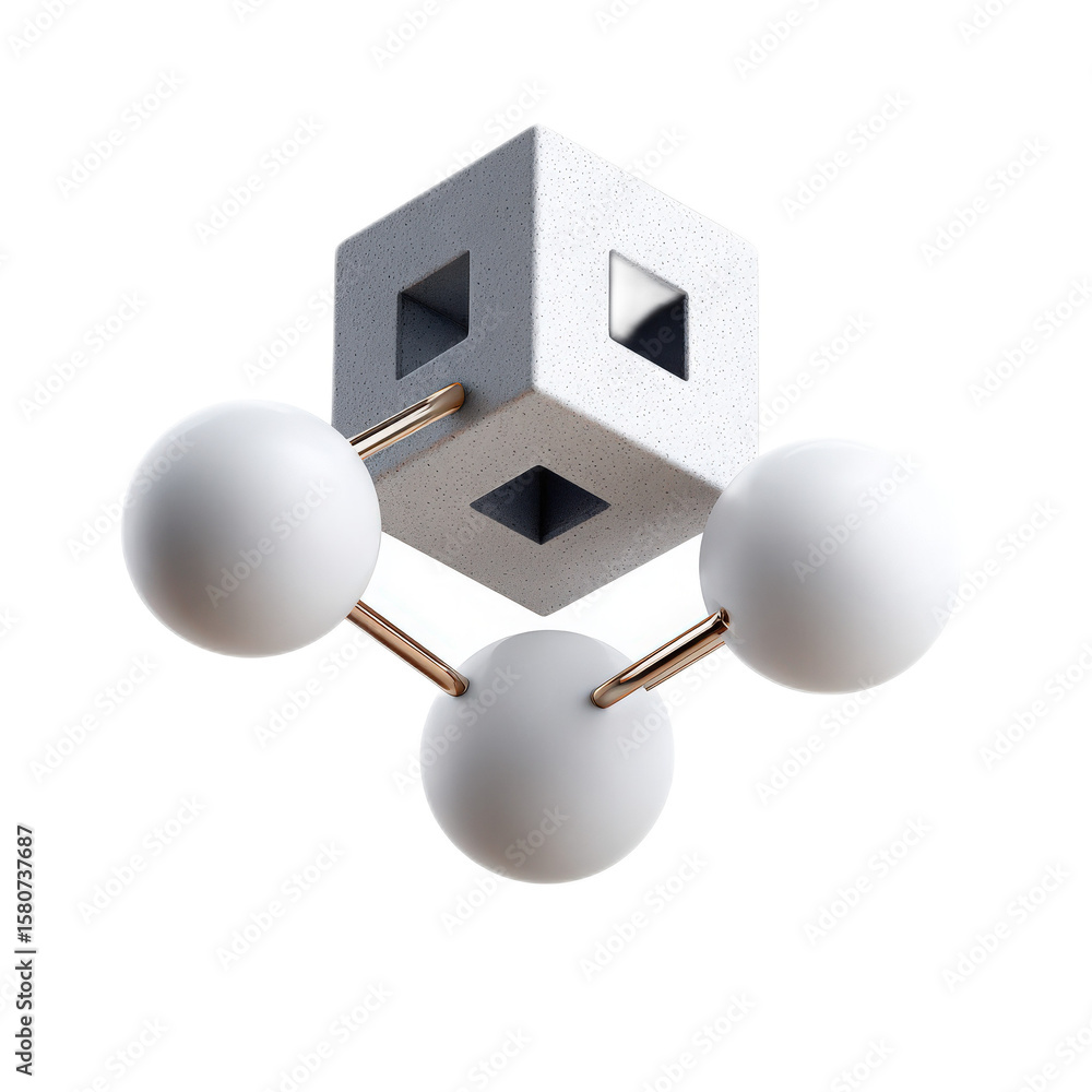 Poster abstract geometric composition featuring a cube and spheres in a modern design with a minimalist aes