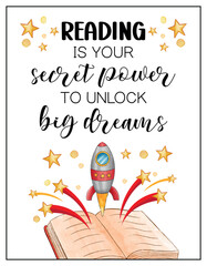 Reading Motivation Poster for Kids – Big Dreams, Secret Power, Educational Wall Art, Classroom Decor, Positive Affirmation Poster

