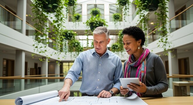 Two colleagues, a man and a woman, review architectural plans in a modern, plant-filled atrium.