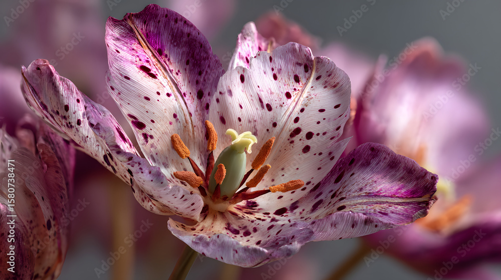 Poster leopard print tulips in hyper-real botanical studio close-up