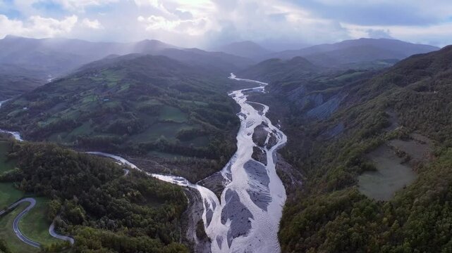 A panoramic aerial view of the Enza River near the village of Vetto d'Enza. Reggio Emilia, Emilia Romagna, Italy
