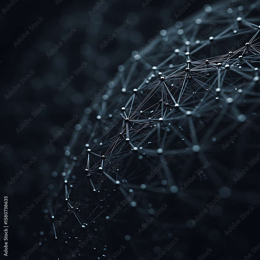 Poster abstract digital network sphere with interconnected nodes and lines, symbolizing global communicatio