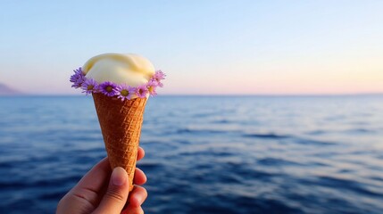 Ice cream cone with flowers the ocean at sunset