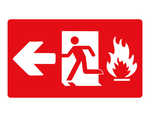 Fire exit on the left. Red sign. Evacuation exit. Designations of the location of the emergency evacuation exit. Quick and safe exit from a building or object. Direction to a safe zone.
