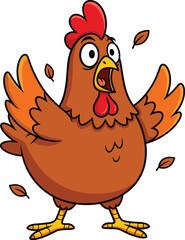 Surprised and Scared Cartoon Chicken Illustration, Wide-Eyed Hen Reacting in Shock, Funny Farm Animal Expressing Fear with Falling Leaves, Humorous Poultry.