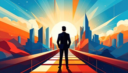 A man stands on a bridge facing a colorful, futuristic cityscape at sunrise, symbolizing ambition and new opportunities.