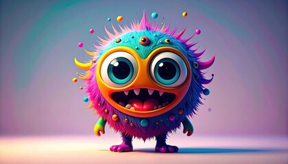 A colorful, furry cartoon monster with large eyes and a cheerful expression stands against a pastel background.