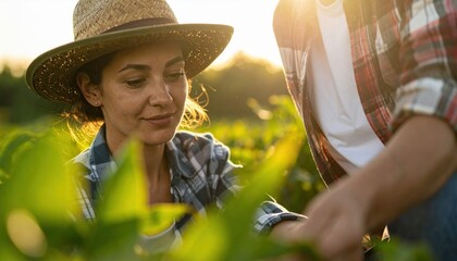 A woman in a straw hat inspects plants in a sunlit field, focusing on agriculture and farming activities.