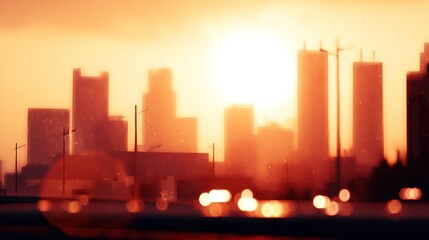 Urban bridge silhouette against a vibrant sunset with soft bokeh city lights.
